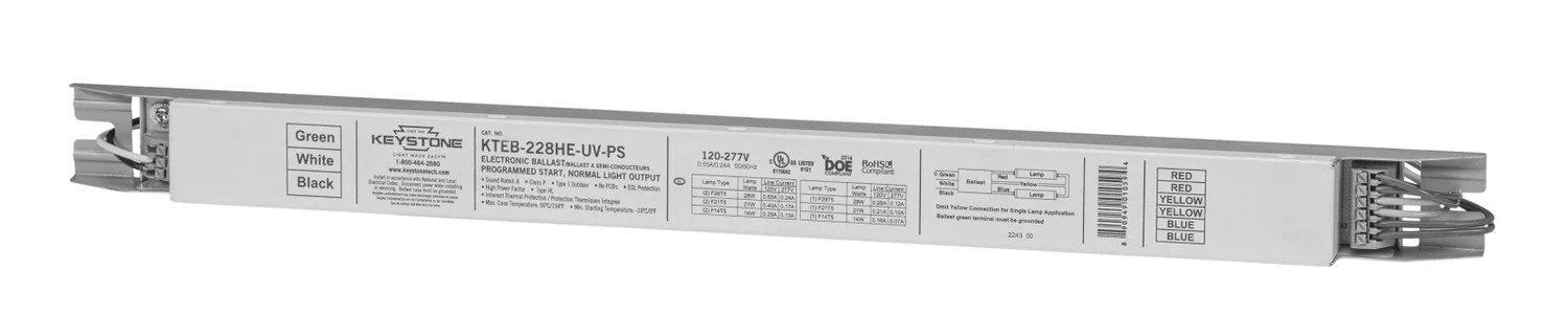 1 or 2x F28T5HE (also 1 / 2 F14T5 or 1 / 2 F21T5). Multivolt 120-277V, 90C Case Temp. Program Start, With Leads. Electro