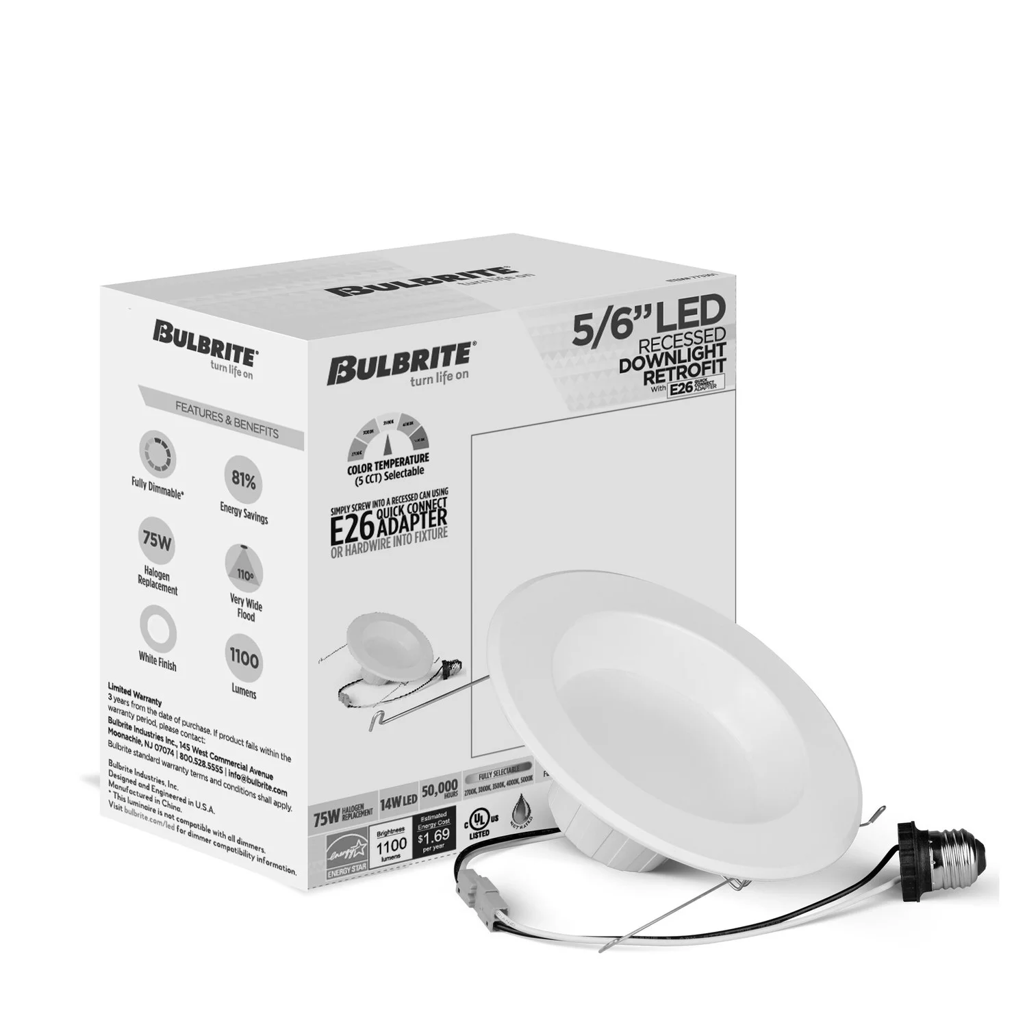 14 W 5/6" Integrated LED Recessed Downlight With E26 Quick Connect Adapter 5 CCT - 27/30/35/40/50K, 1100 Lumens - view 2
