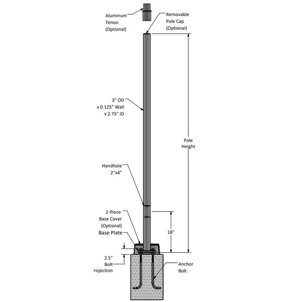 3" Round Aluminum Light Pole - Anchor Based, 8-14 Feet High, Black Powder Coat, 0.125" Wall Thicknes...