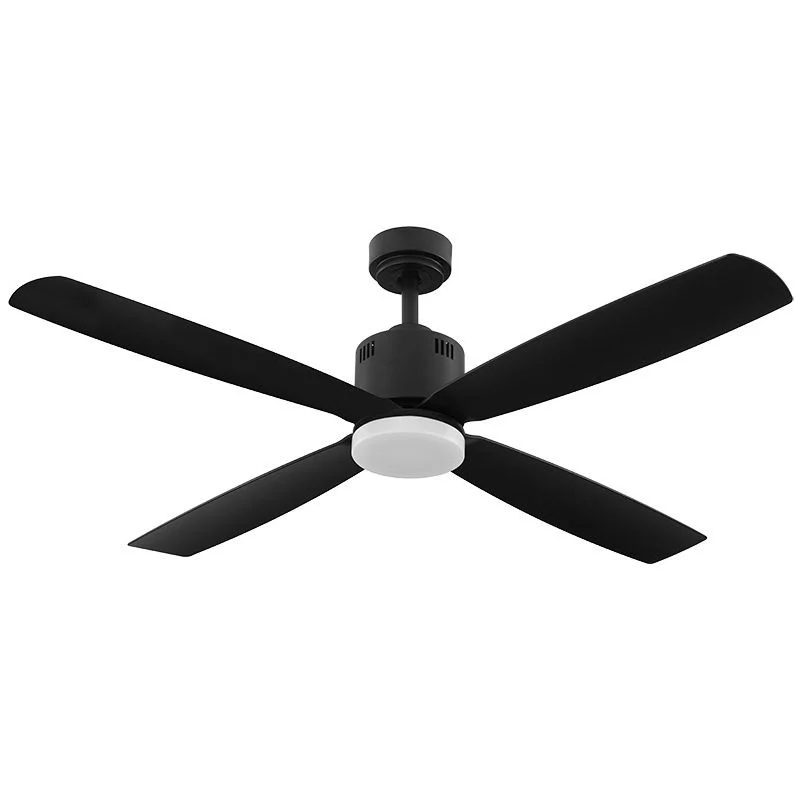 52in 4-BLADE Damp Loc. Ceiling Fan And Light 30K 19W Integ. LED Wall Switch Black And Black Blades