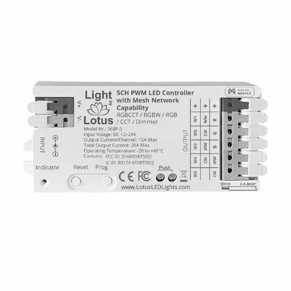 5CH PWM LED Controller, 568P-3, 5 Channel, Bluetooth Mesh, RGBCCT/RGBW/RGB/CCT/Single Color, 12-24V, 480W Max, IP20, ...