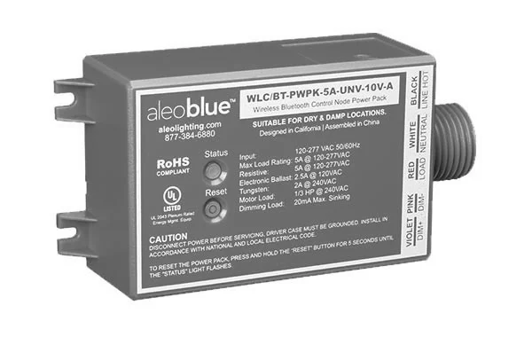 AleoBlue Wireless Bluetooth Control Node Power Pack, 5A Load, 120-277V, 0-10V Dimming, Case A