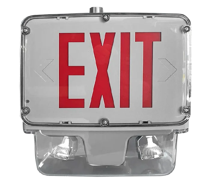 All LED Hazardous Exit & Emergency Combo, Single Face, 15W, Gray Housing, Green Letters