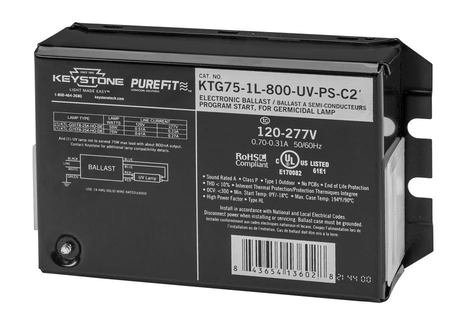 Ballast for UV-C Lamps. 120-277V input. Design to run 1 lamp not to exceed 75W Max Load. ~800mA Output. Large Compact Ca