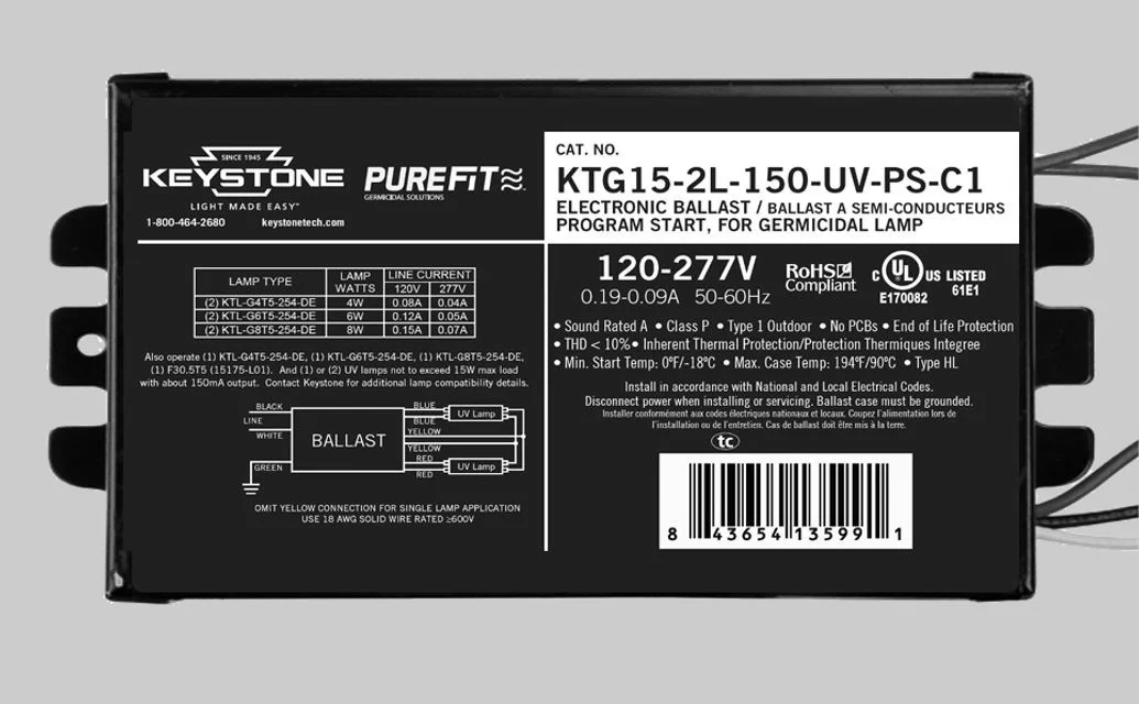 Ballast for UV-C Lamps. 120-277V input. Design to run 1 or 2 lamps not to exceed 15W Max Load. ~150mA Output. Compact Ca