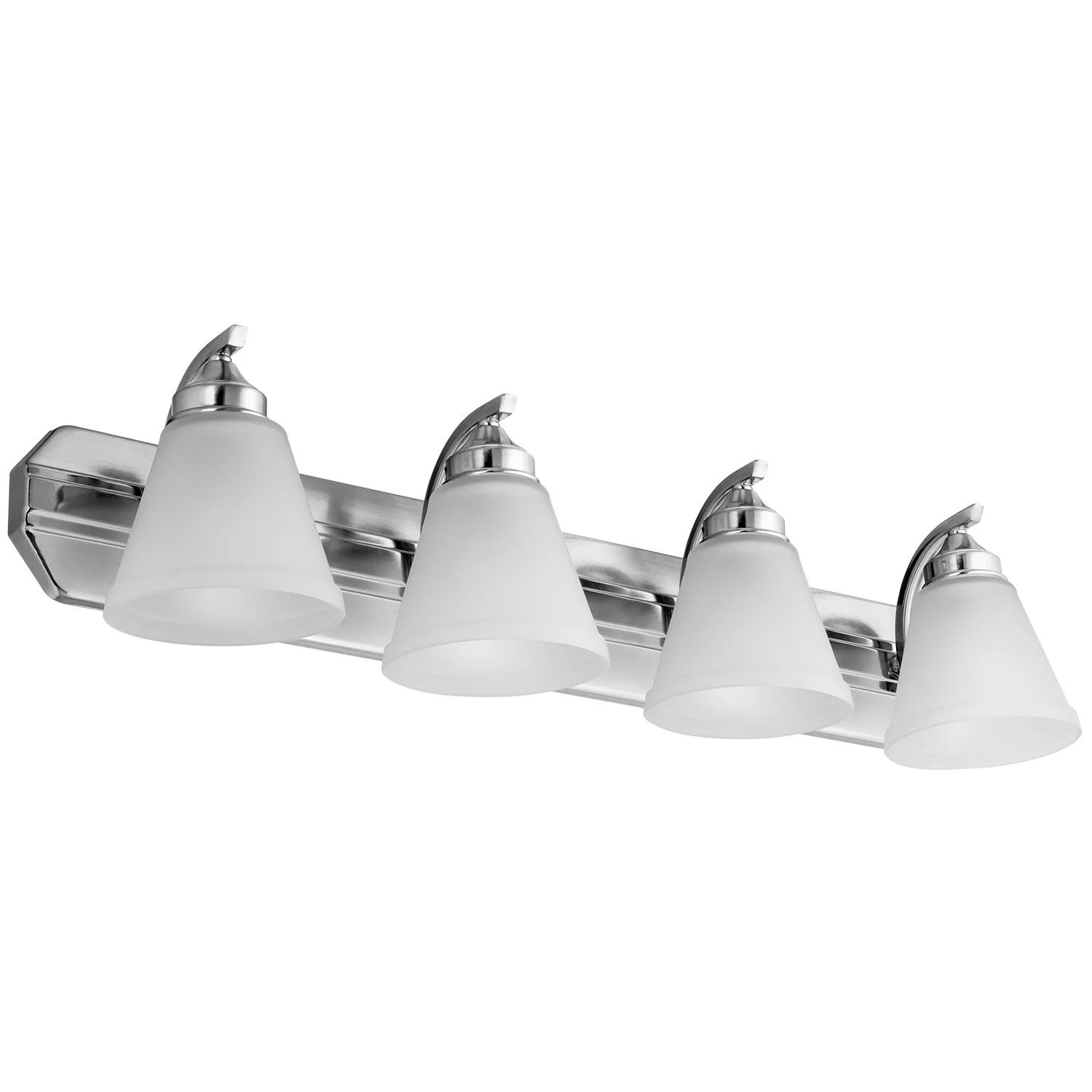 Bath Vanity Fixture, 4-Light, E26 Base, Brushed Nickel, Frosted Glass