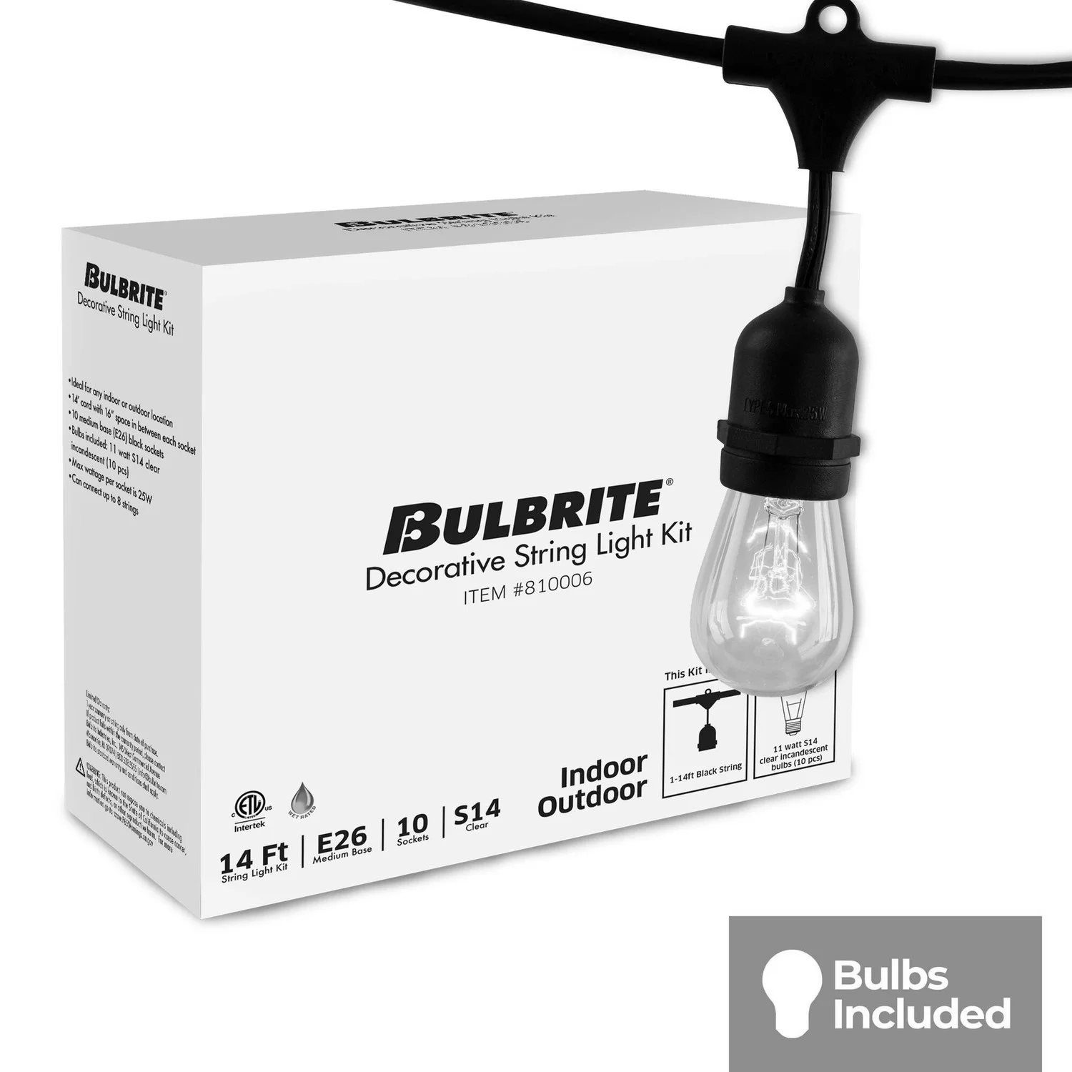 Bulbrite 14 Ft, 10-Socket Decorative Kit With Clear Incandescent String10/E26/Black-S14kt Indoor And...
