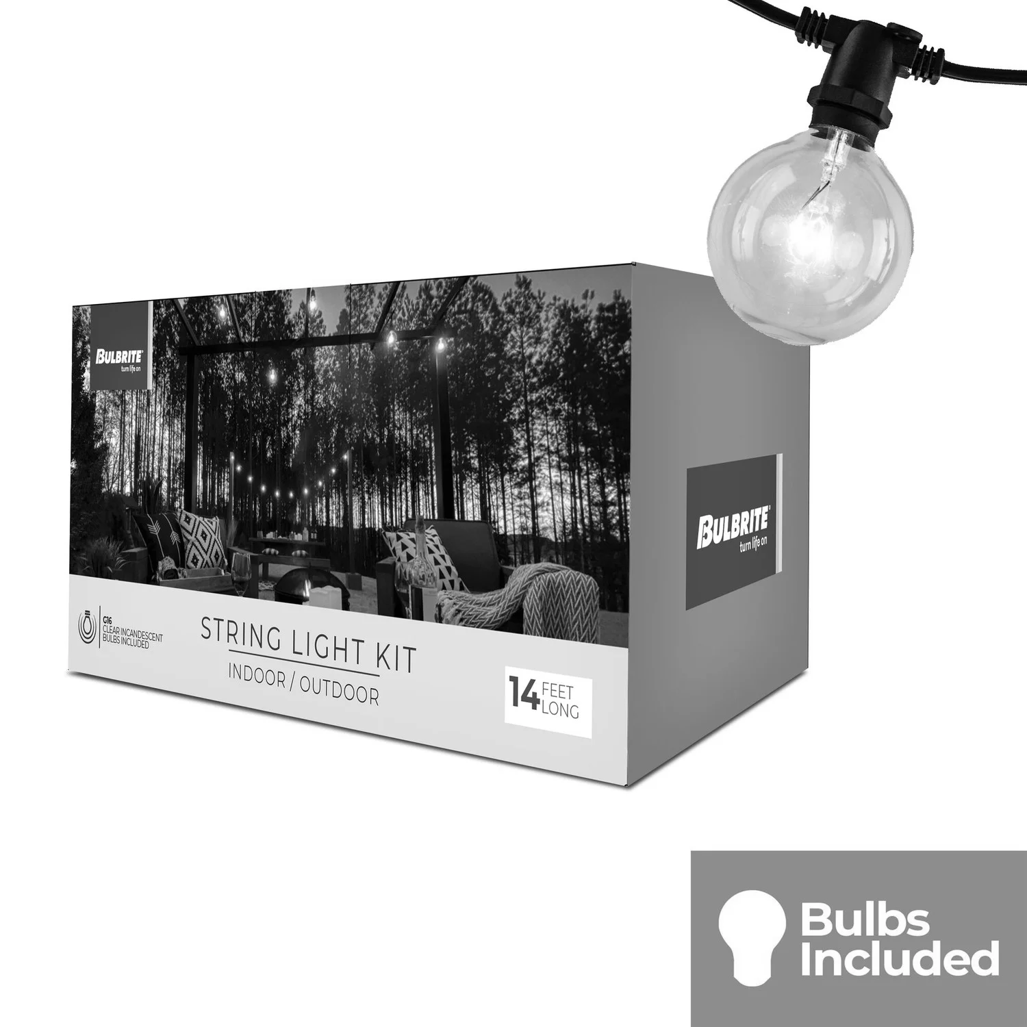 Bulbrite 14 Ft, 10-Socket Decorative String Light Kit With Clear Incandescent Globe (G16) Bulbs, 14 ...
