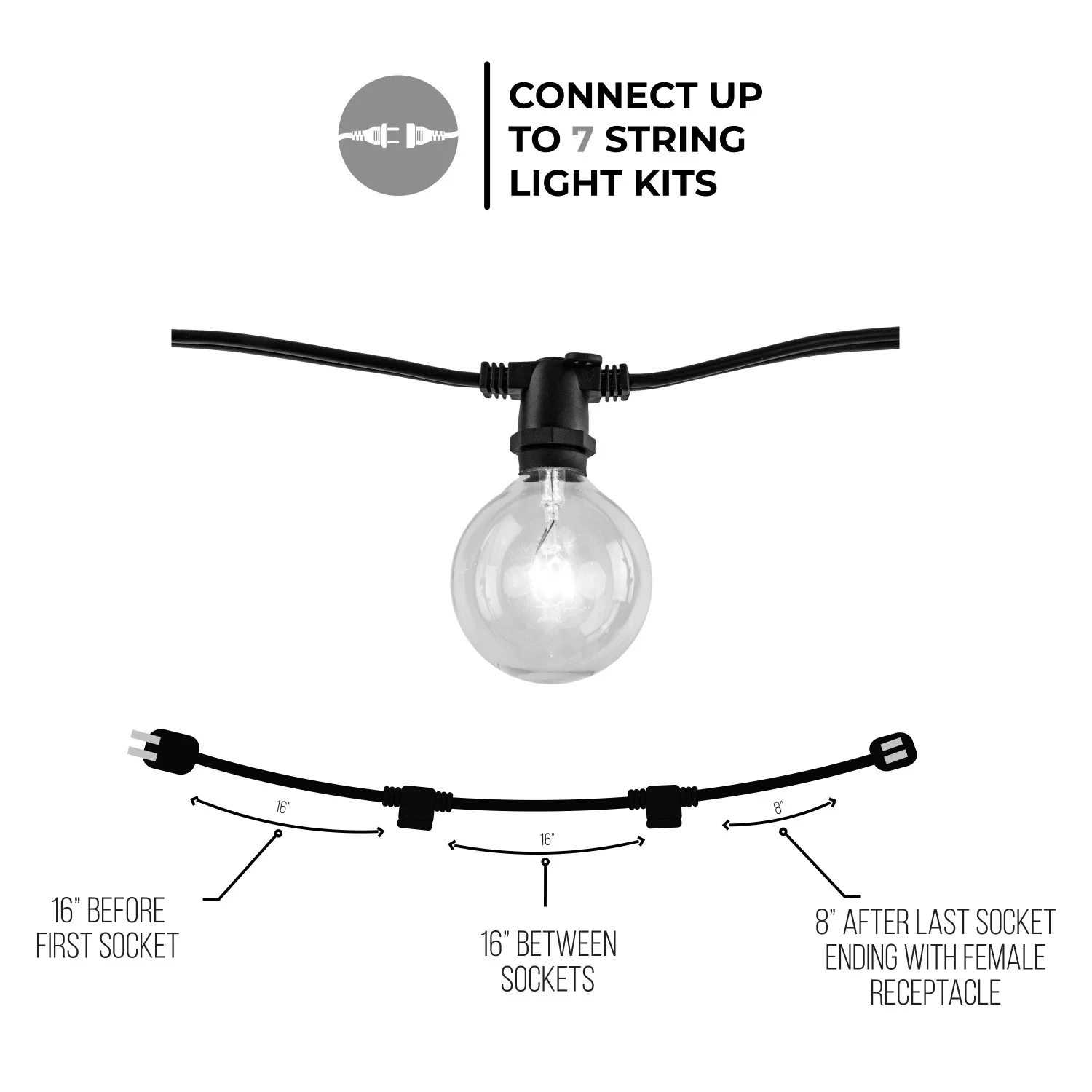 Bulbrite 14 Ft, 10-Socket Decorative String Light Kit With Clear Incandescent Globe (G16) Bulbs, 14 ...