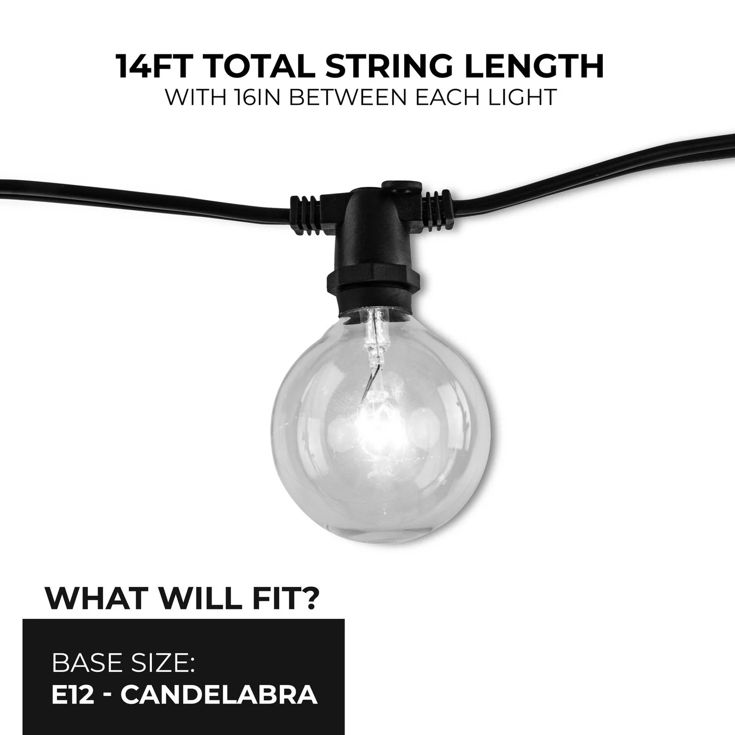 Bulbrite 14 Ft, 10-Socket Decorative String Light Kit With Clear Incandescent Globe (G16) Bulbs, 14 ...