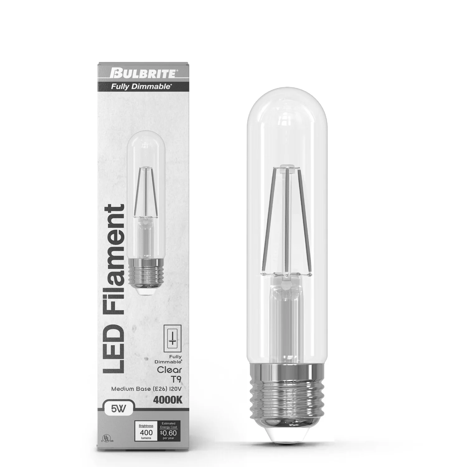 Bulbrite LED 5 W T9 5” Light Bulb With A Clear Finish And Medium Screw (E26) Base, 4000K (Cool White Light)