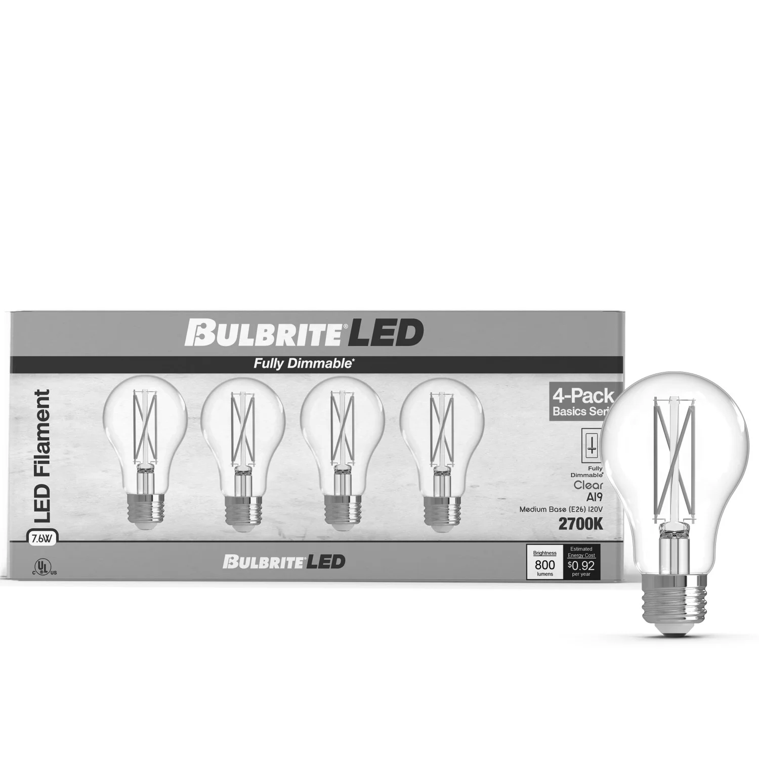 Bulbrite LED 7.6 W A19 Light Bulb With A Clear Finish And Medium Screw (E26) Base, Pack Of 4 - view 2