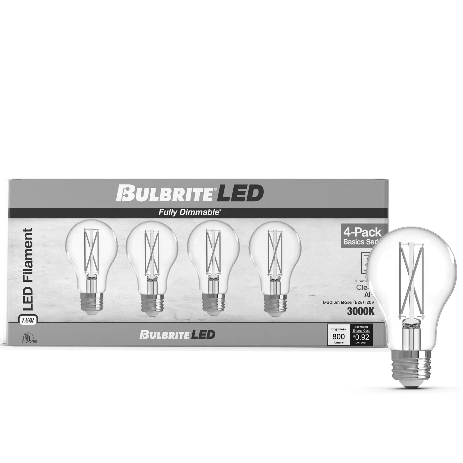 Bulbrite LED 7.6 W A19 Light Bulb With A Clear Finish And Medium Screw (E26) Base, Pack Of 4 - view 4