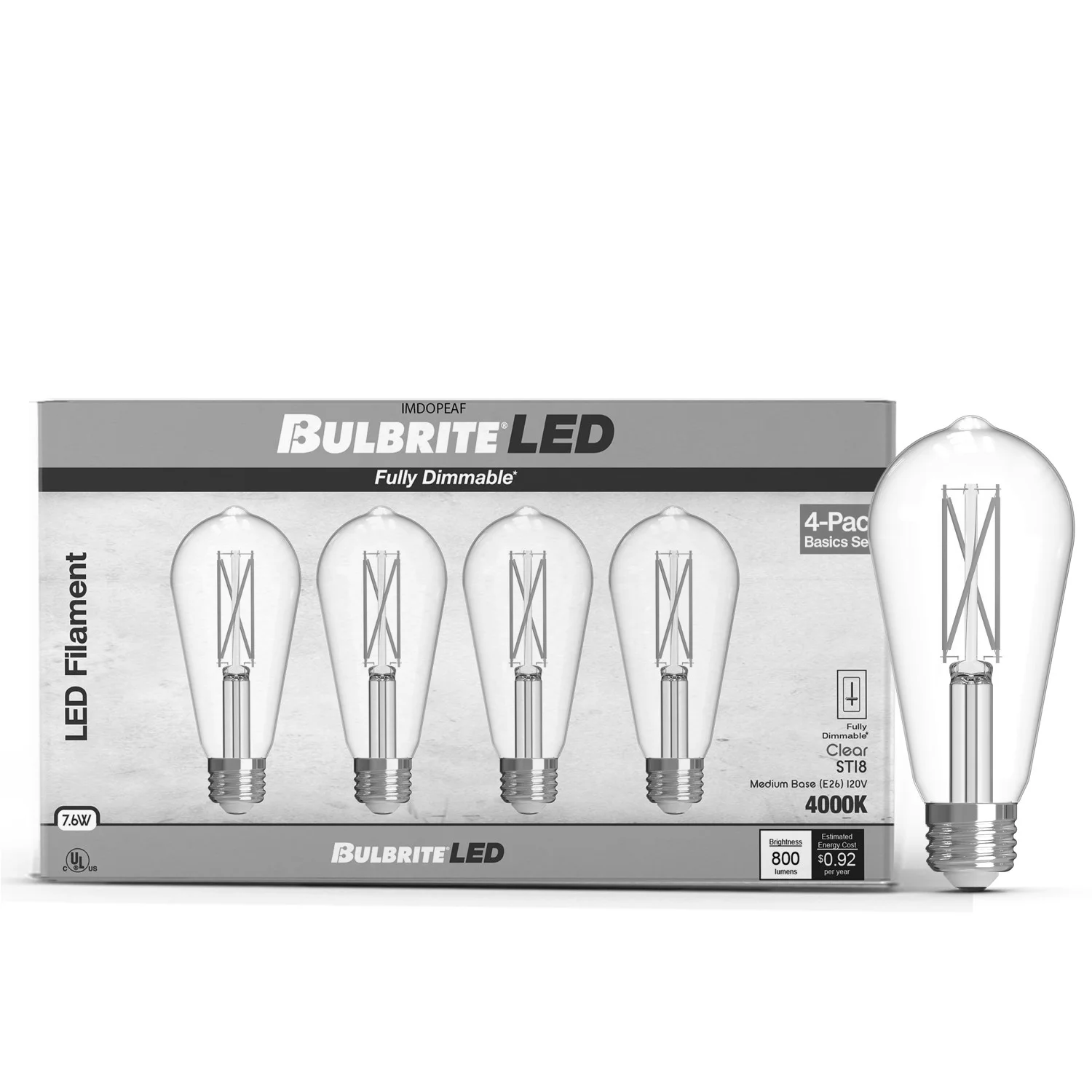 Bulbrite LED 7.6 W ST18 Light Bulb With A Clear Finish And Medium Screw (E26) Base, Pack Of 4 - view 6