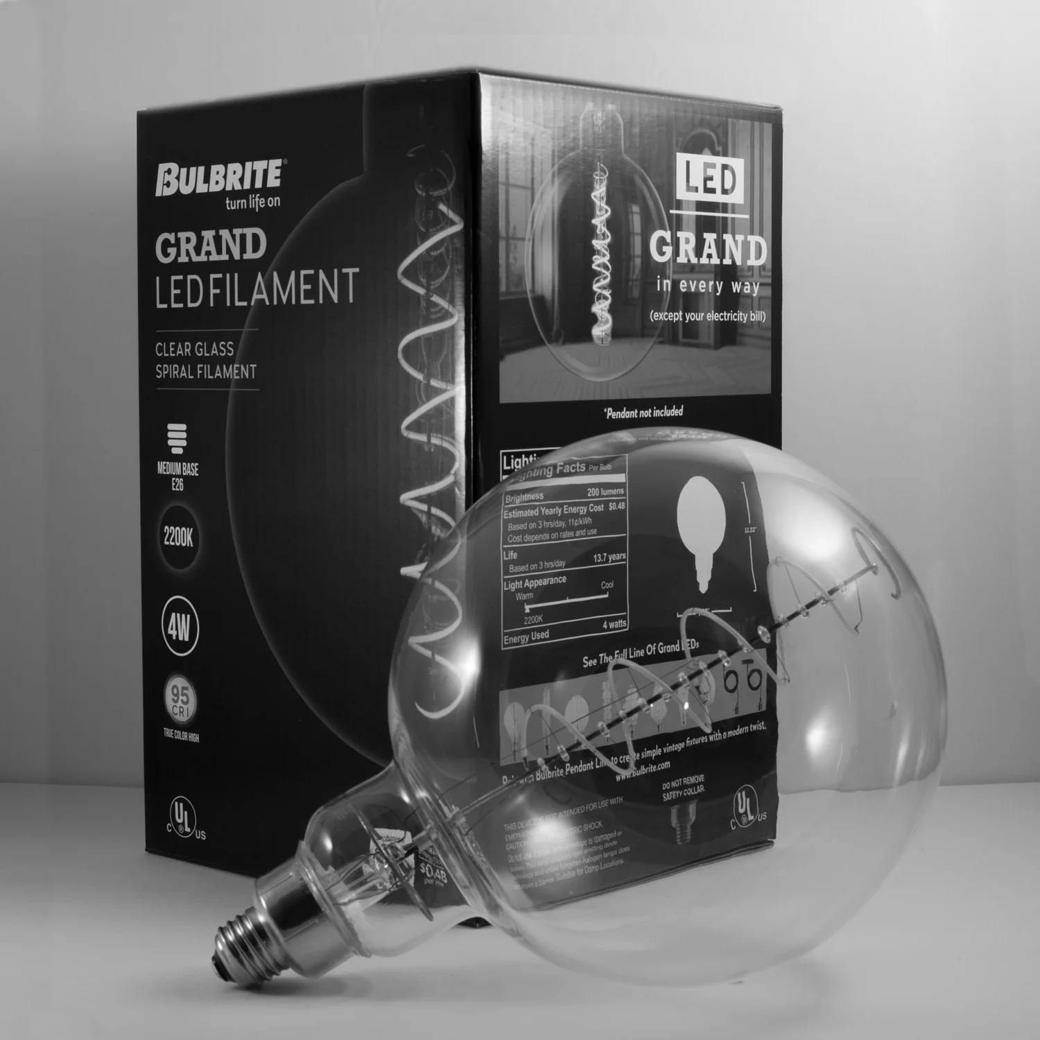 Bulbrite LED Grand Spiral Filament G63 Globe Shaped Light Bulb, 60 W Equivalent, Medium Base (E26),2200K, Clear