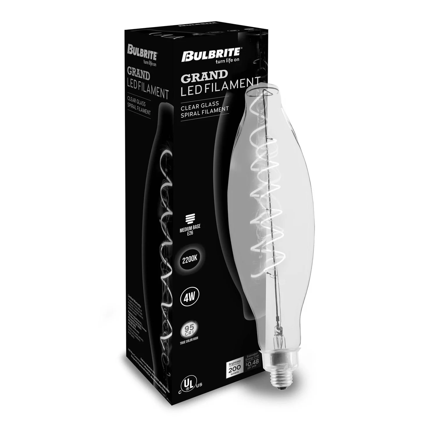 Bulbrite LED Grand Spiral Filament Olive Shaped Light Bulb, 60 W Equivalent, 2200K, Clear