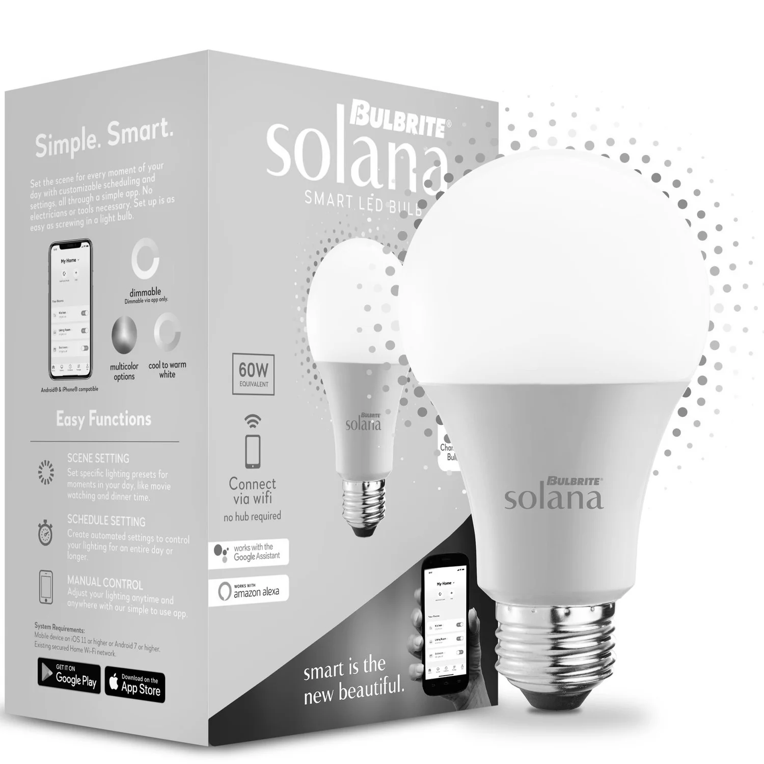 Bulbrite Solana Smart LED Wifi Light Bulb, A19 / E26 Base, 9W, 2200K-6500K/Multi-Color, Frost Finish