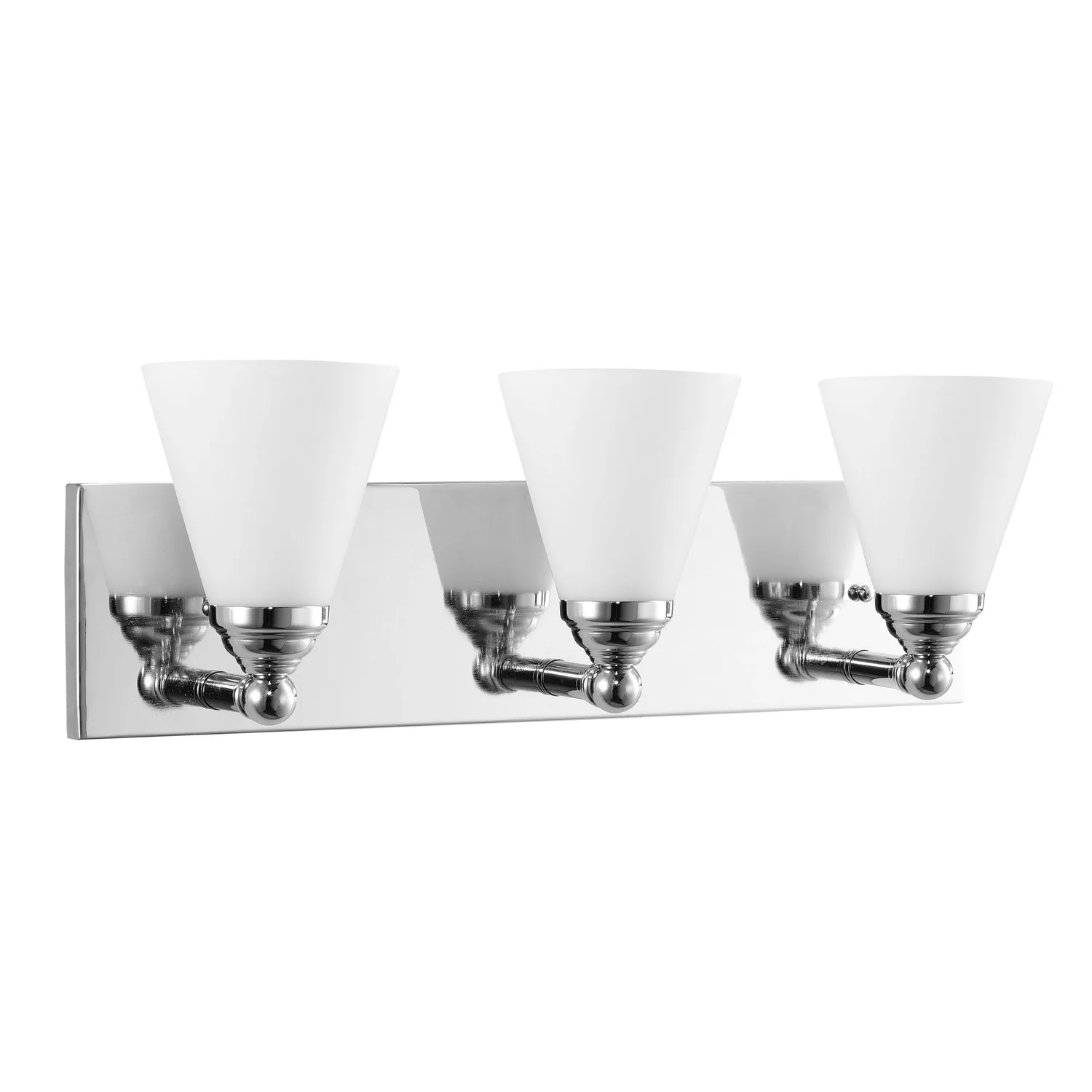 Cone Glass Vanity Fixture, 3 Light, E26 Base, Brushed Nickel, White Lens