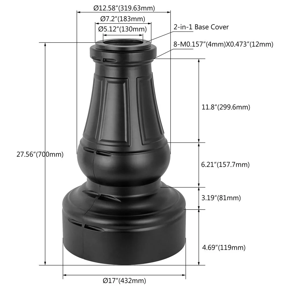 4 inch Decorative Aluminum Base Cover, Round Light Pole, 17" Height, 2.7" Diameter - view 2