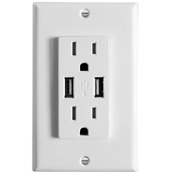 Decorative Tamper Resistance 15A Duplex Receptacle with 2 Vertical 3.1A 5VDC USB Port, UL Listed