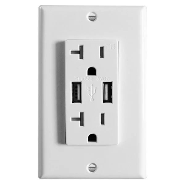 Decorative Tamper Resistance 20A Duplex Receptacle with 2 Vertical 3.1A 5VDC USB Port, UL Listed