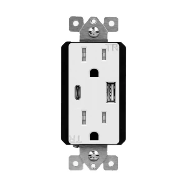 Dual Port USB Charger Receptacle, 15A Tamper-Resistant, 3.6A USB Type-A/Type-C