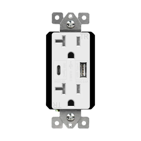 Dual Port USB Charger Receptacle, 5.8A USB Type-C/Type-A, 20A Tamper-Resistant