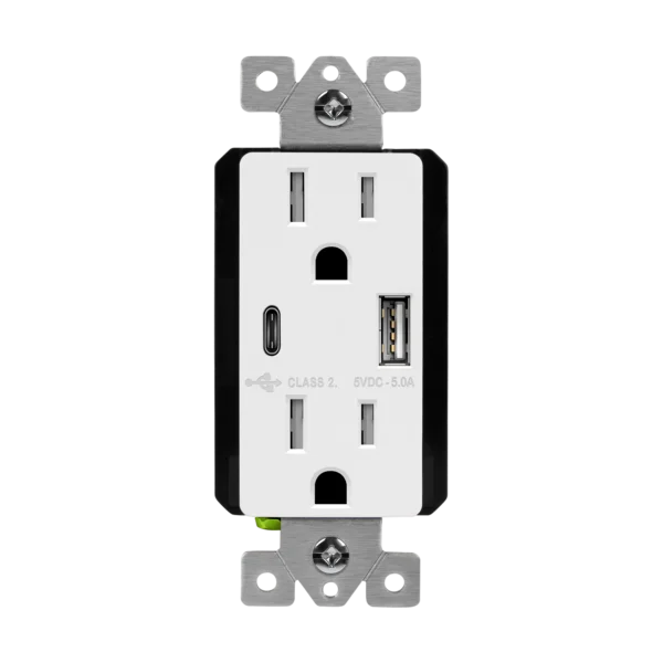 Dual Port USB Charger Receptacle, Type-A, Type-C, 15A Tamper-Resistant