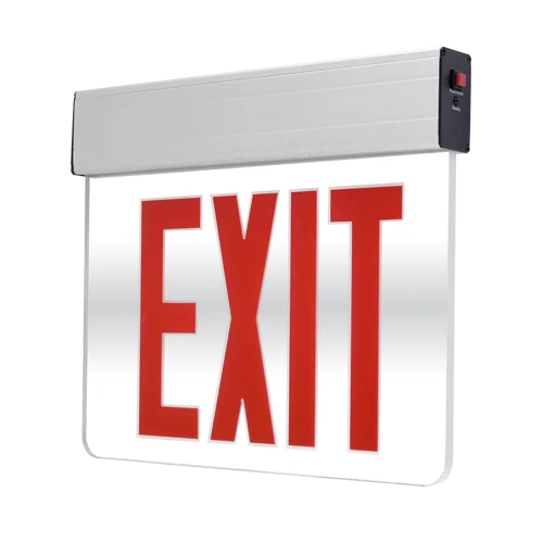 Edge-Lit Exit Sign, Mirror, Red Letter, Aluminum Housing