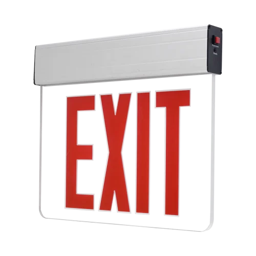 Edge-Lit Exit Sign, Red Letters, Clear Finish, Aluminum Housing
