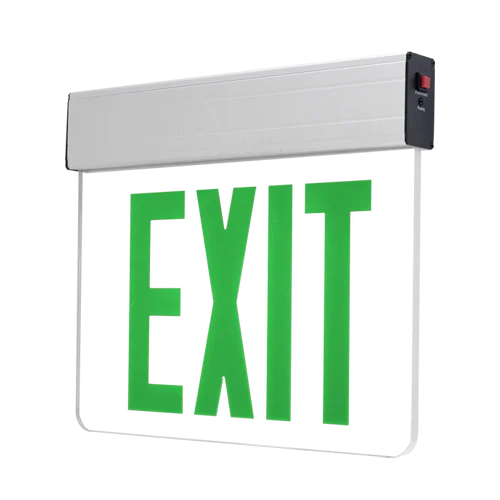 Edge-Lit Exit Sign, Single Face, Green Letters, Clear Panel, Aluminum Housing