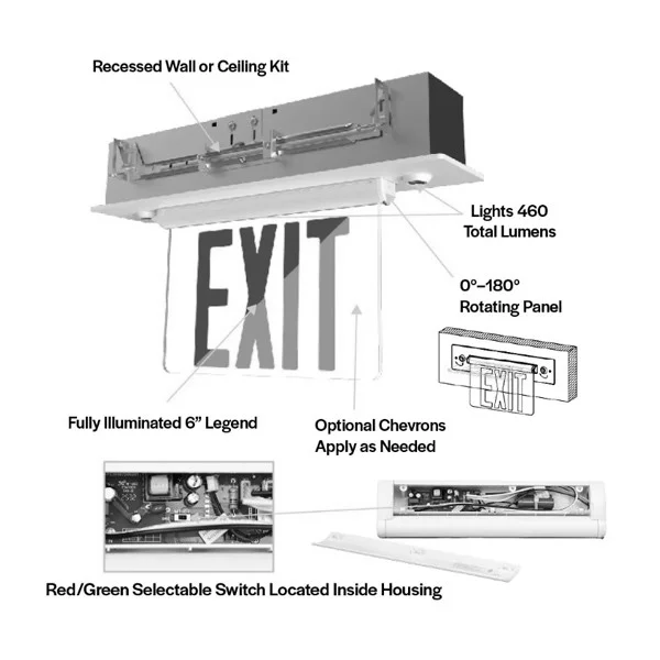 Emergence Thermoplastic Edgelit Combo Exit & Emergency Unit, Recessed Mount, Selectable Red/Green Le...