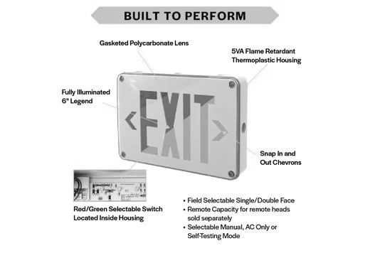 Emergence Wet-Location Exit Sign, White Housing, Field-Selectable Red/Green Legend, Field-Selectable...
