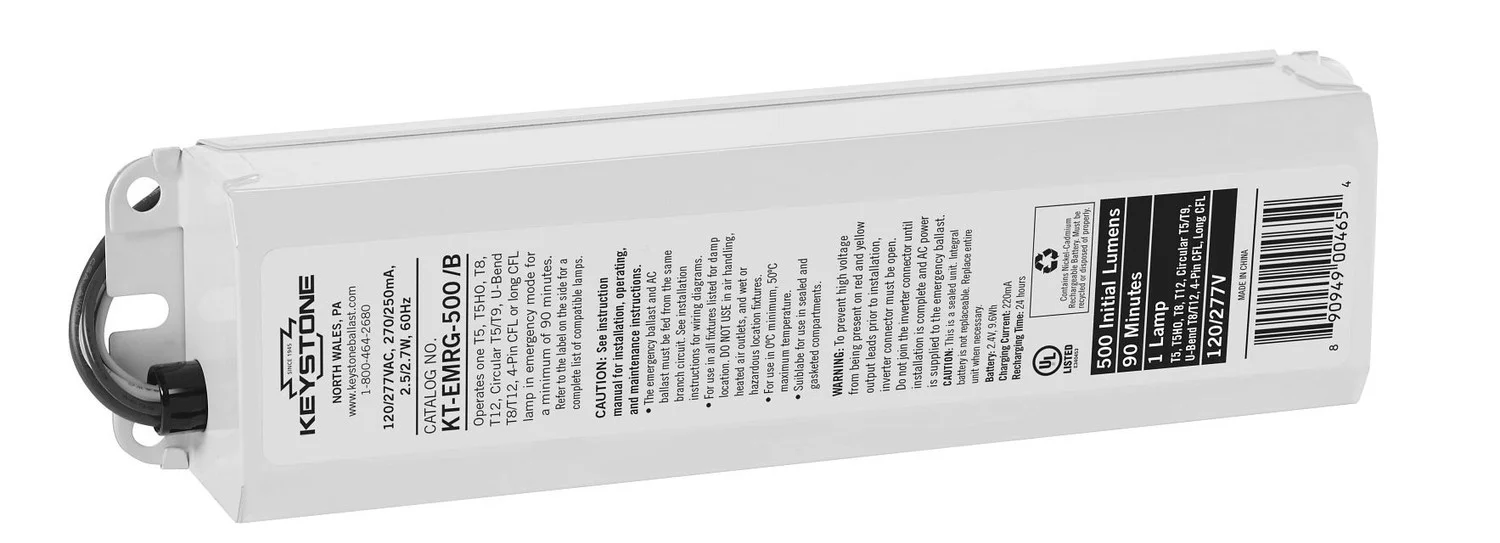 Emergency Ballast for T12 / T8 lamps. 120 / 277V input, 500 Lumen, 90 Minutes. With instruction sheet, Test Switch and w