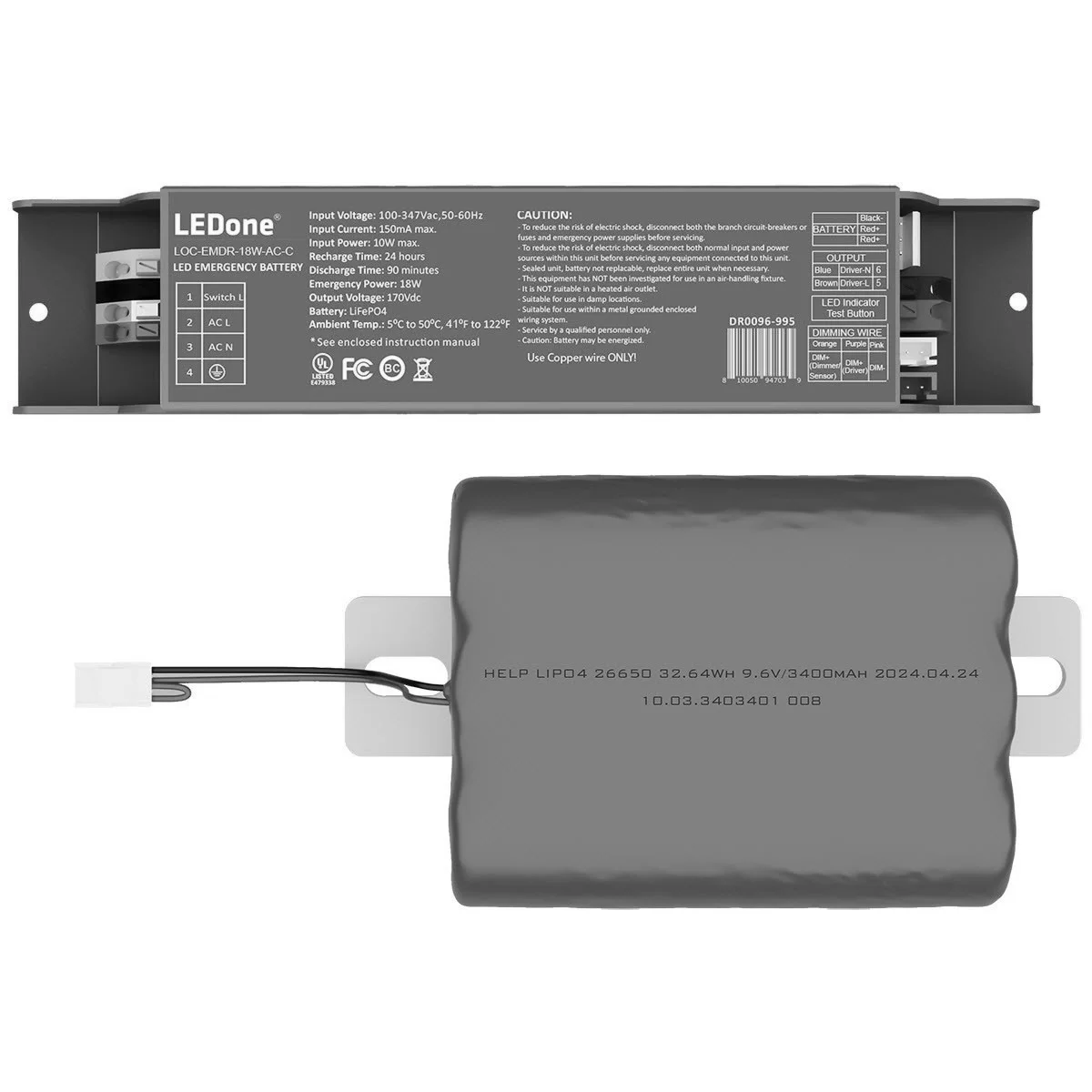Emergency Driver, 18W, Self-Testing, Li-ion/LiFePO4 Battery