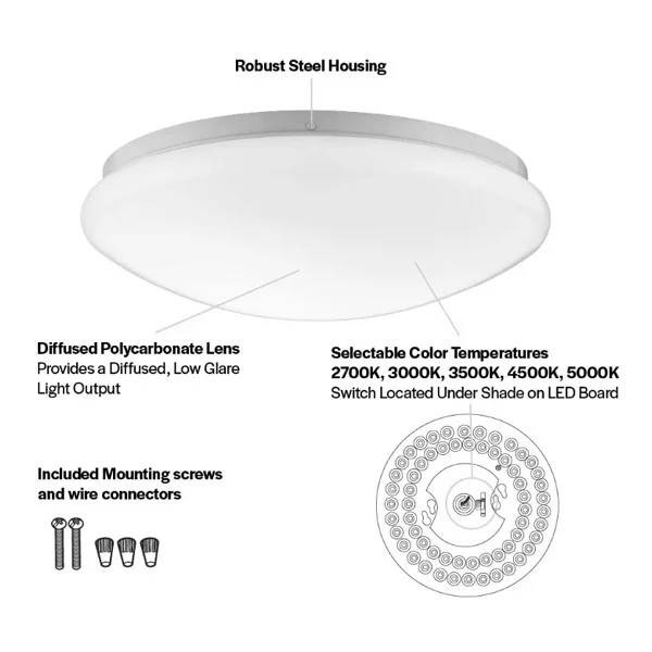Flushmount Mushroom Fixture, 13", Color Selectable 2700K/3000K/3500K/4000K/5000K, White, 120V, Triac Dimming - view 2