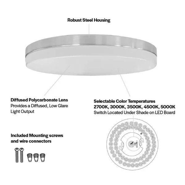Flushmount Slim Drum Fixture, 15", Brushed Nickel Trim, Selectable CCT 2700K/3000K/3500K/4000K/5000K...