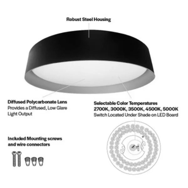 Flushmount Thick Black Ring, 14" Round, Color Selectable 2700K/3000K/3500K/4000K/5000K, Black/Gold Finish, 120V - view 2