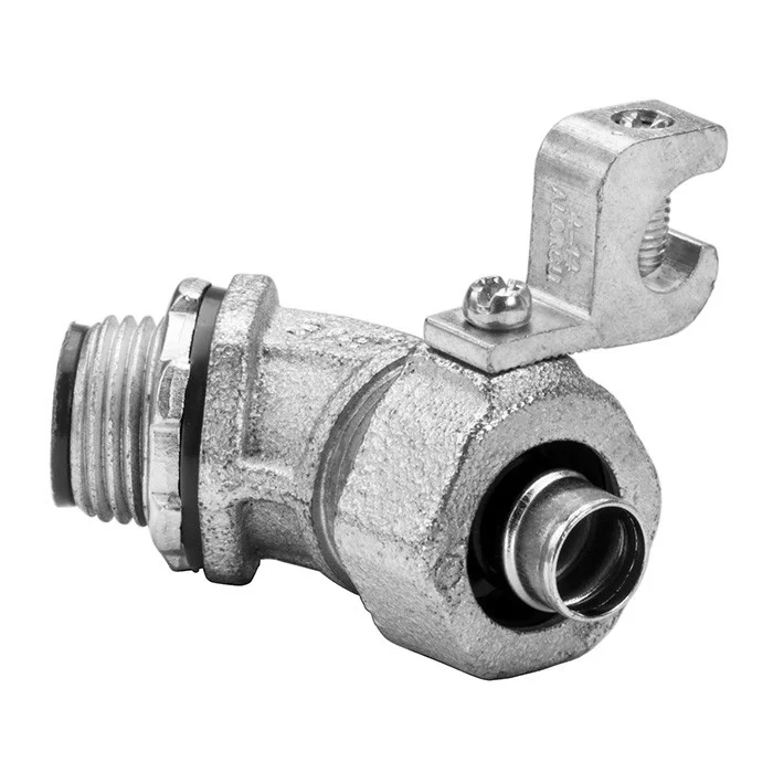 Garvin Industries 2-1/2" 45 Degree Liquidtight Connector with 1/0-14 Lay-In Grounding Lug, Malleable Iron, Zinc Plated