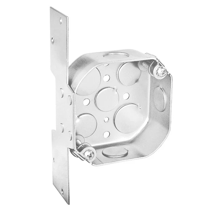 Garvin Industries 4" Octagon Bracketed Ceiling Fan Box, 1-1/2" Deep, Drawn, Conduit KO's, Flat Vertical Bracket