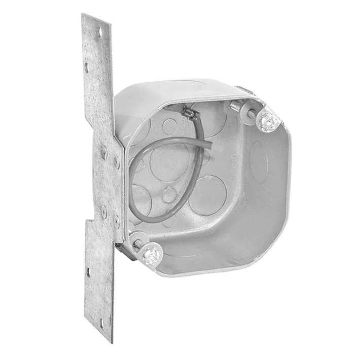 Garvin Industries 4" Octagon Bracketed Ceiling Fan Box, 2-1/8" Deep, Drawn, Conduit KO's, Weatherproof, Flat Vertical...