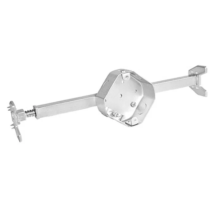 Garvin Industries 4" Octagon Cut In Bar Hanger Ceiling Fan Box, 2-1/8" Deep, Drawn with Conduit Knockouts