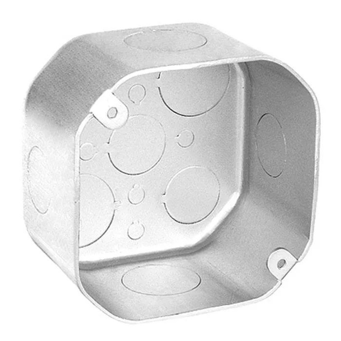 Garvin Industries 4" Plenum Octagon Box, 2-1/8" Deep, Drawn, Conduit KO's, Fixture Ears 3-1/2" O.C., Stainless Steel
