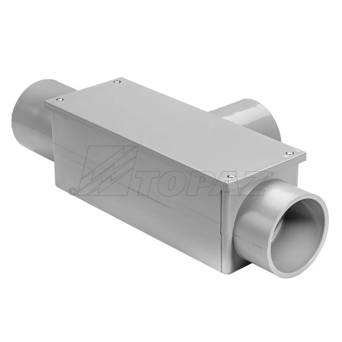 Garvin Industries 1177TZ, 2-1/2" PVC T Conduit Body, Rectangular, Three Hubs, Removable Cover