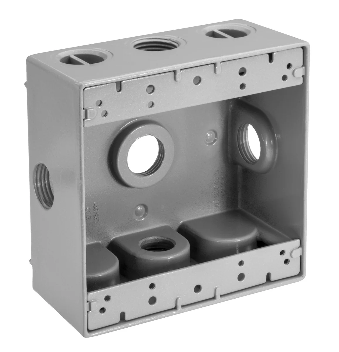 Garvin Industries Die Cast Aluminum Double Gang Box, 5 Hole Side Opening, 1" Threaded Hub, 31 Cubic Inch Capacity, Gray