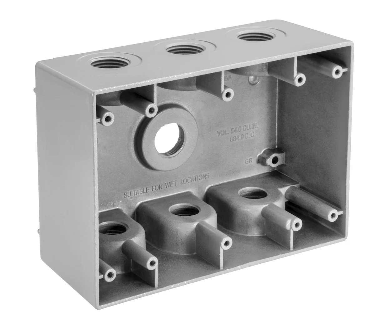 Garvin Industries WB37100, Triple Gang Die Cast Aluminum Box, 7 Hole, 1" Threaded Hub, 54 cu in, Gray