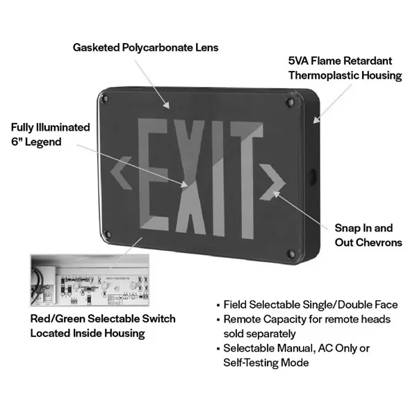 Halco Emergence Wet-Location Exit Sign, Black Housing, Field-Selectable Red/Green Legend, Field-Sele...