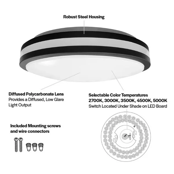 Halco Flushmount Modern Double Ring, 14", Color Selectable 2700K|3000K|3500K|4000K|5000K, Black, 120...