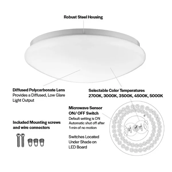Halco Flushmount Mushroom Fixture, 13", Color Selectable 2700K/3000K/3500K/4000K/5000K, White, 120V,...