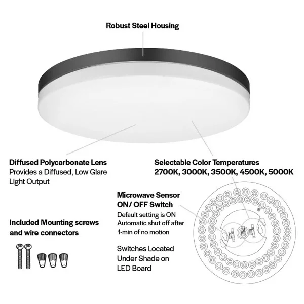 Halco Flushmount Slim Drum Fixture, 11", Color Selectable 2700K-5000K, Brushed Nickel|Black, 120V, M...